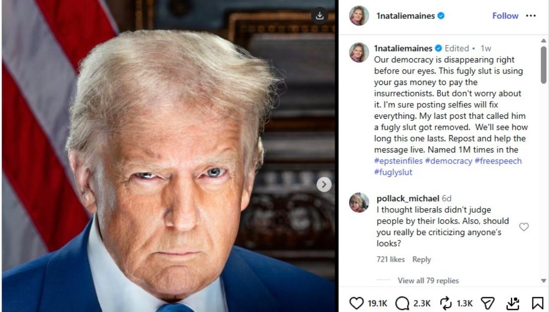 Natalie Maines comments about Trump on Instagram