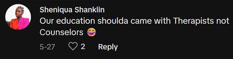 A commenter saying the education should come with therapists and not counselors