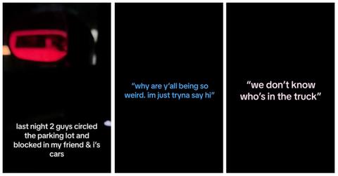 Women are blocked in a car in a parking lot and harassed by men