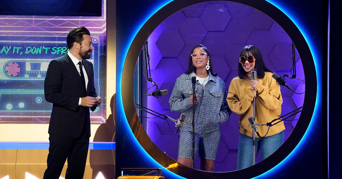 (l-r) Jimmy Fallon speaks with Keke Palmer and Saweetie in the Doombox