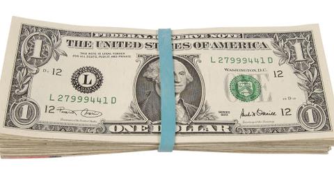 The front side of the one dollar bill, including a portrait of George Washington