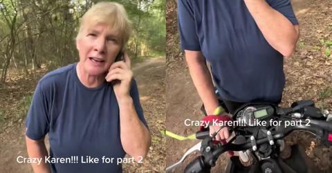 Dirtbike Karen Jumps in Front of RIder's Bike