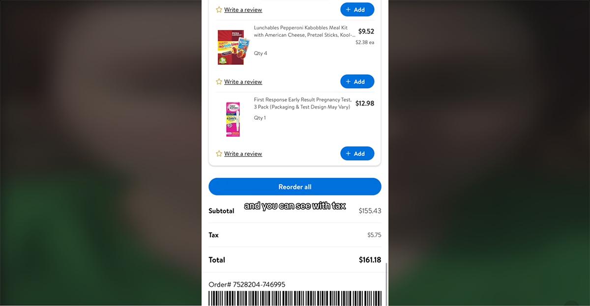 A Walmart curbside grocery order total in 2020