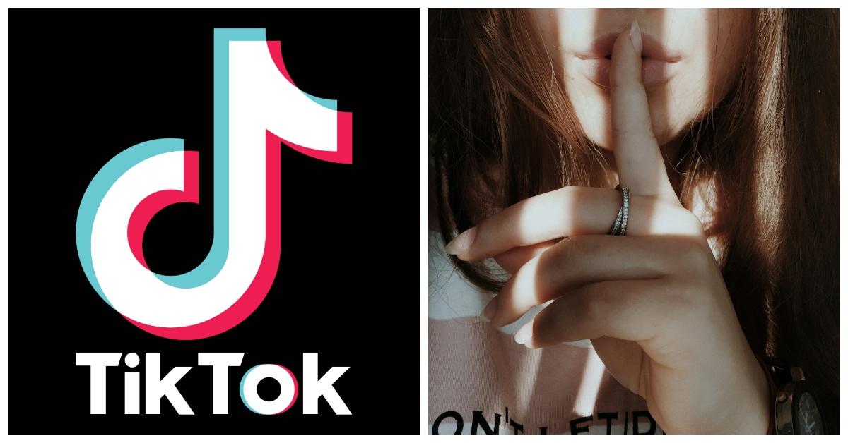 TikTok logo and a woman making a "shush"ing gesture