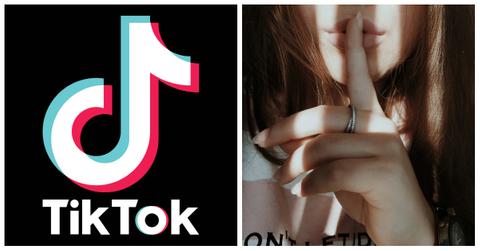TikTok logo and a woman making a "shush"ing gesture