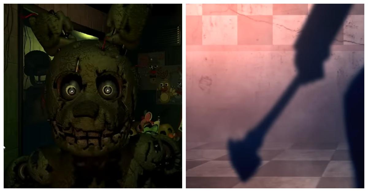 Springtrap from "Dead by Daylight" and William Afton runs in "Die in a Fire" wielding an axe