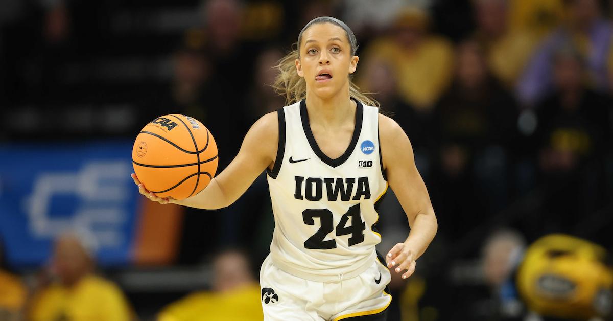 Gabbie Marshall of the Iowa Hawkeyes dribbles the ball against the Holy Cross Crusaders during the first round of the 2024 NCAA Women's Basketball Tournament on March 23, 2024  