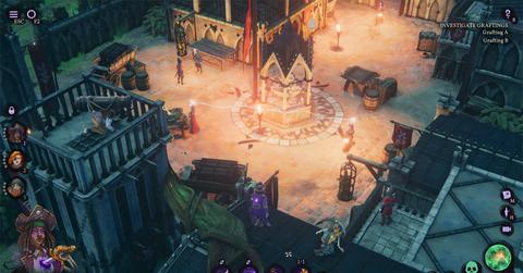 'Shadow Gambit: The Cursed Crew' Characters on a rootop overlooking enemy guards.