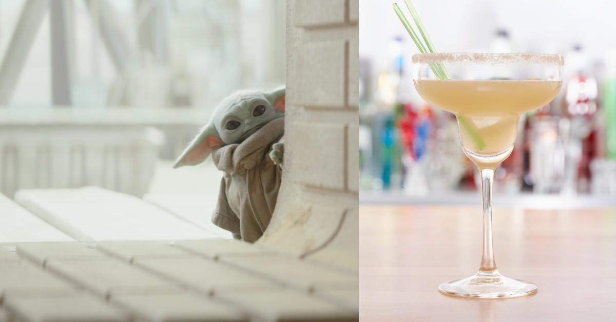 Two fun green entities: Baby Yoda and a margarita