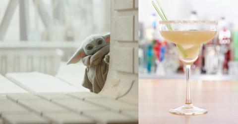 Two fun green entities: Baby Yoda and a margarita