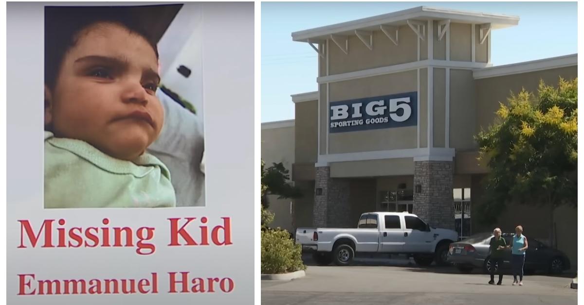 (L-R): Emmanuel Haro missing kid flyer; Big 5 Sporting Goods store where Emmanuel Haro was last seen