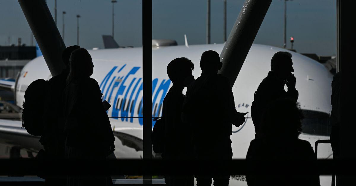 People in line waiting to board an AirEuropa aircraft at Amsterdam Airport Schiphol