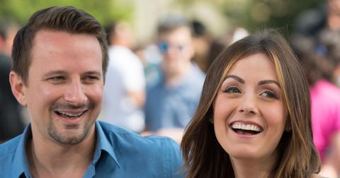 Evan Bass and Carly Waddell visit "Extra" at Universal Studios Hollywood.