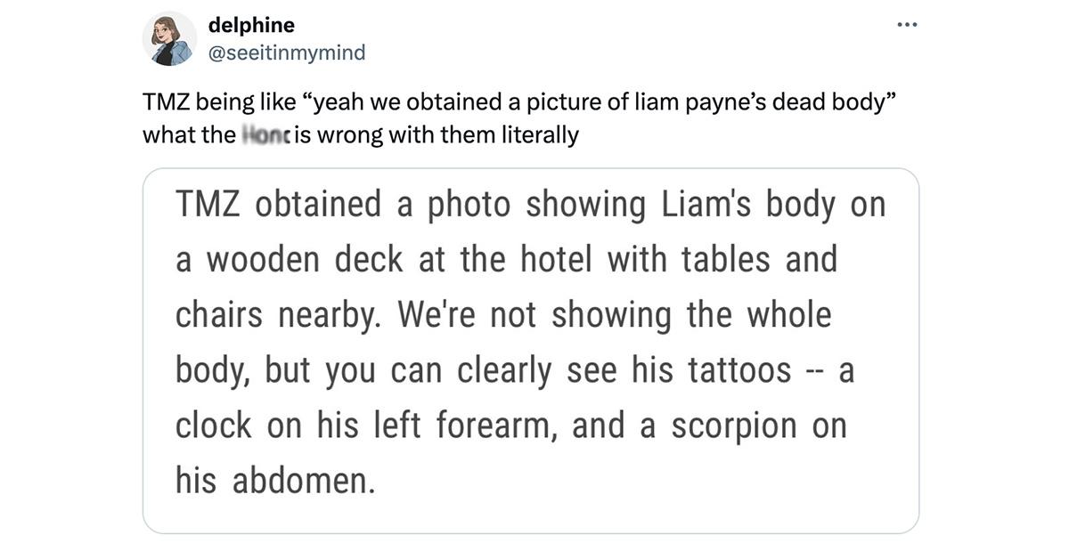 A Twitter post scolding TMZ for posting Liam Payne photos. 