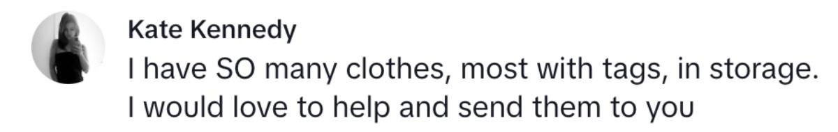 A commenter offering to send the OP clothes