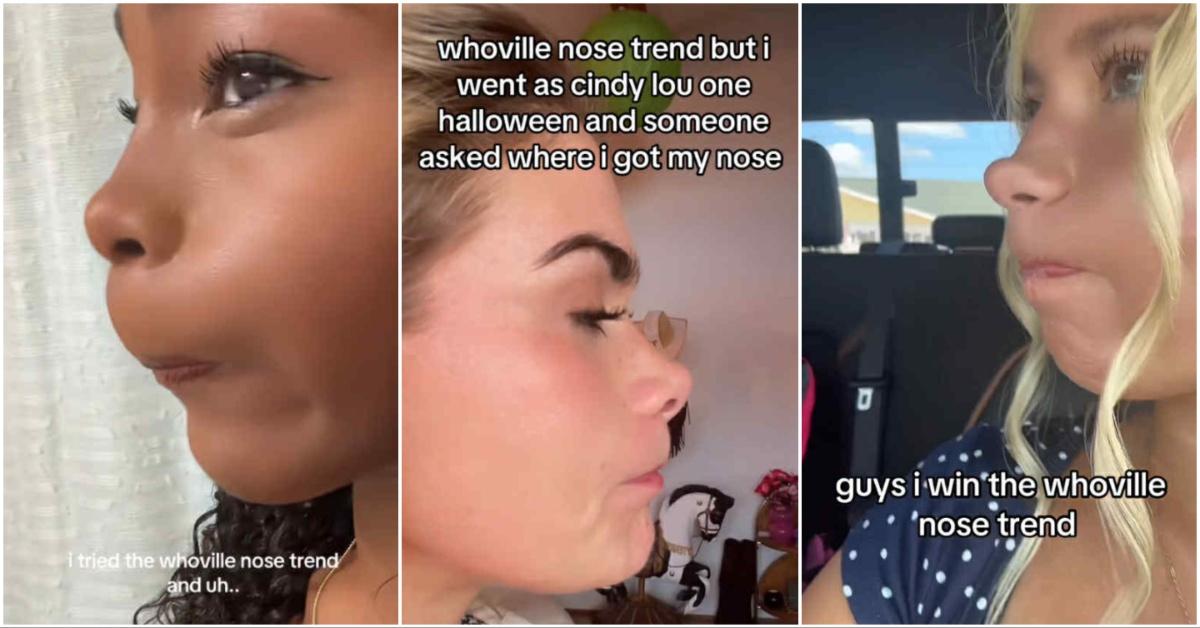 Three TikTokers doing the Whoville nose trend