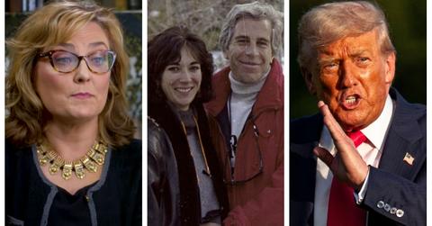 (L-R): Maria Farmer; Ghislaine Maxwell and Jeffrey Epstein; President Donald Trump