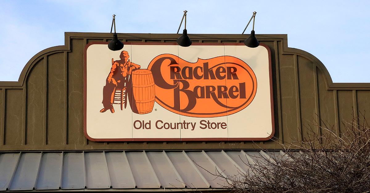 A Cracker Barrel sign on a storefront in 2020. 