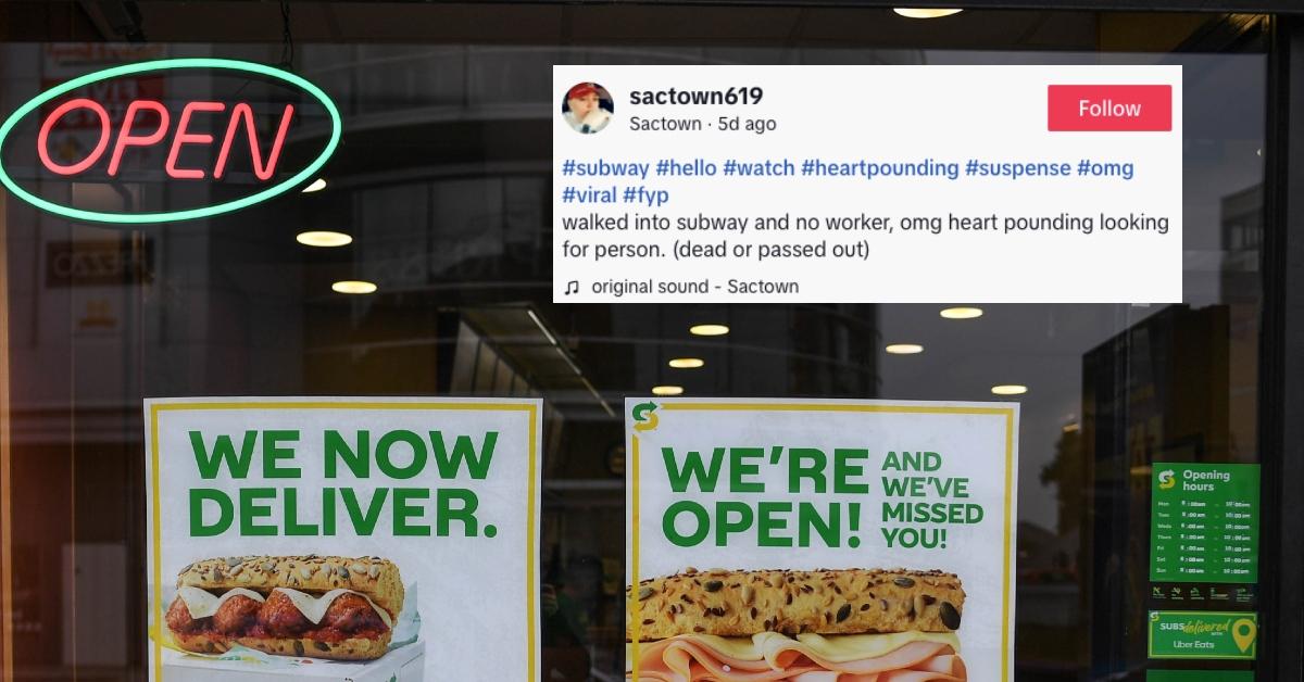 subway storefront with "Open" sign on; Tiktoker talks about empty subway in caption