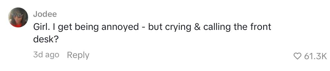 Comment on woman's TikTok where she cries over kids being in the hotel pool.