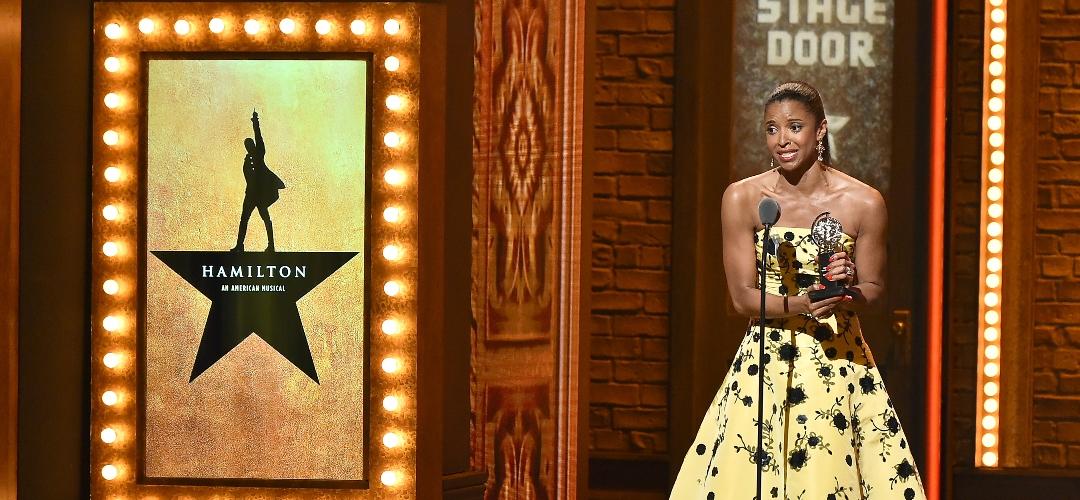 Renée Elise Goldsberry speaks accepting an award for her work in Hamilton during the 70th Annual Tony Awards on June 12, 2016