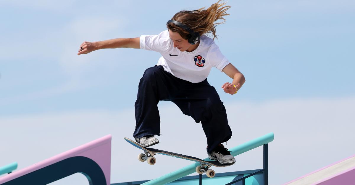 Poe Pinson wears headphones while competing during the Women's Street Prelims during the 2024 Paris Summer Olympic Games on July 28, 2024.