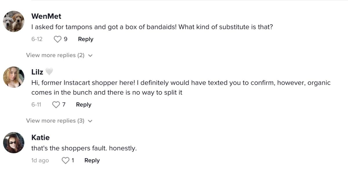 TikTok creators comment on @dani_mignone's story about how she got 17 bananas after ordering three on Instacart