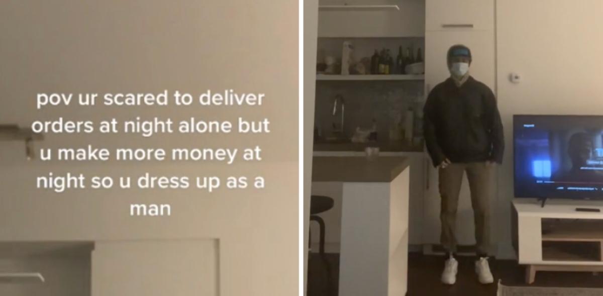 TikTok creator @tiazakher shares TikTok about dressing up as a man to make night Uber Eats deliveries