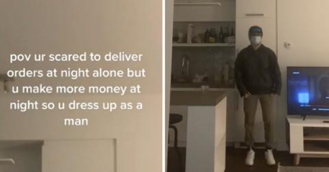 TikTok creator @tiazakher shares TikTok about dressing up as a man to make night Uber Eats deliveries