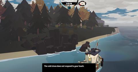 'Dredge' Player examining Humming Stones during daytime at sea.