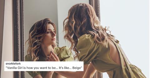 A girl looking in a mirror and a quote about a vanilla girl being beige