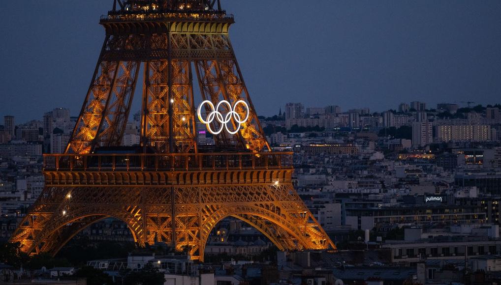 The Olympic rings on the Eiffel Tower in Paris