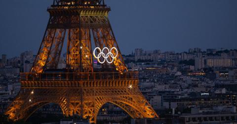 The Olympic rings on the Eiffel Tower in Paris