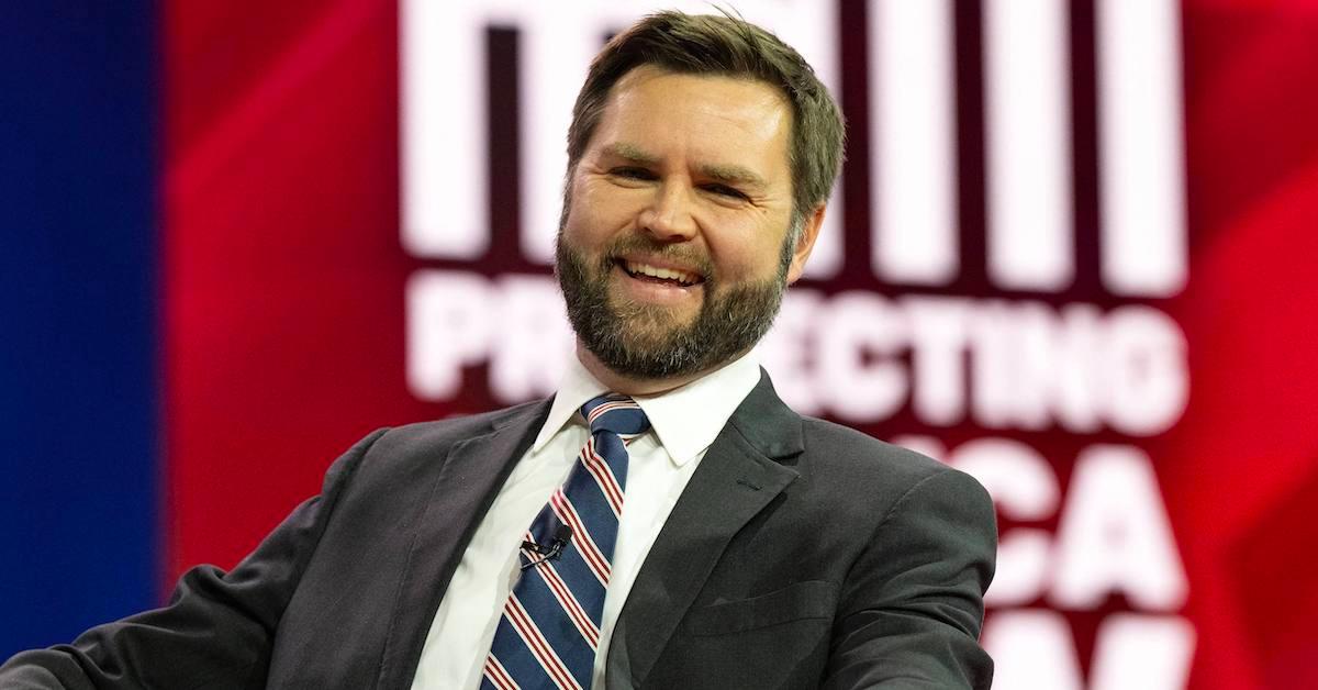 JD Vance smiling at the 2023 Conservative Political Action Conference (CPAC) in National Harbor, Maryland