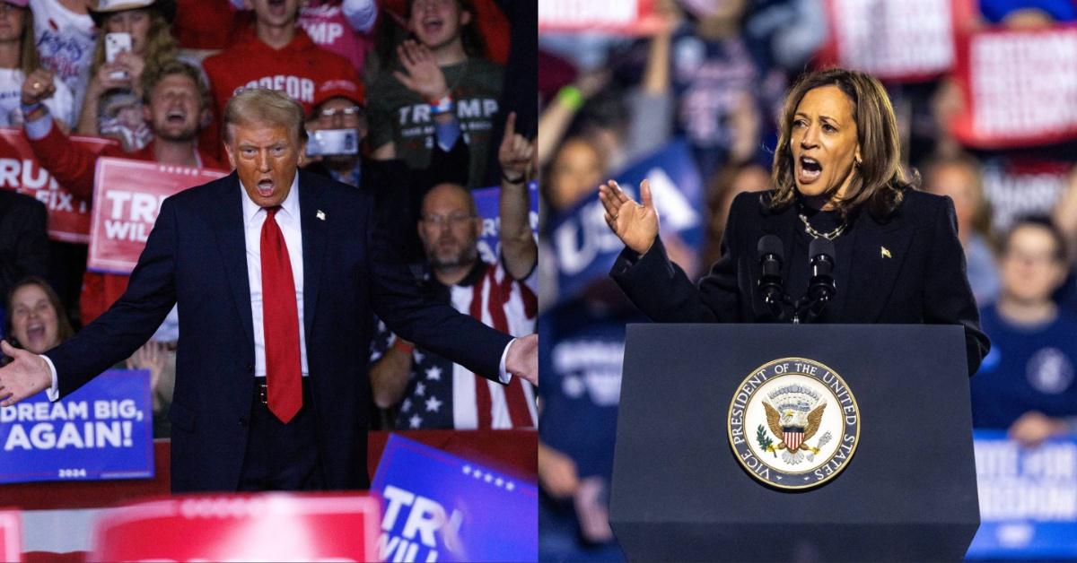 Donald Trump and Kamala Harris at rallies in a side by side collage