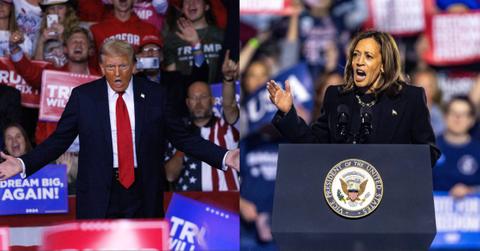 Donald Trump and Kamala Harris at rallies in a side by side collage