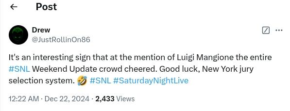 Tweet about Luigi Mangione on SNL