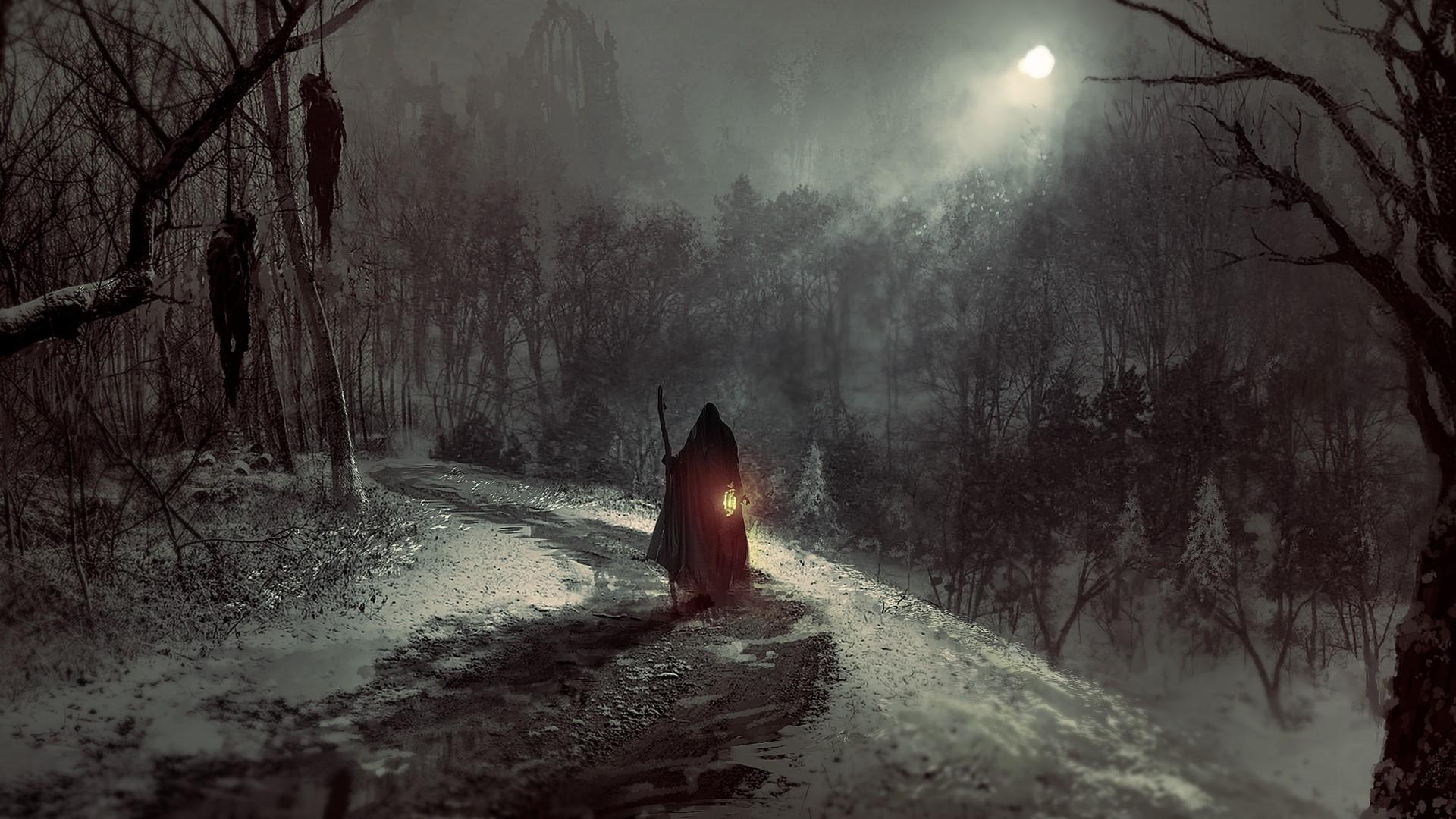 'Diablo IV' promo art showing a lone man with a lantern in a dead forest.