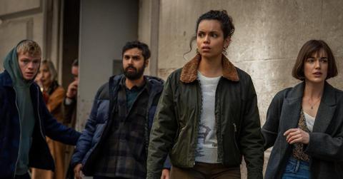(L-R) Tom Rhys-Harries, Kunal Nayyar, Georgina Campbell and Elizabeth Henstridge in “Suspicion,”