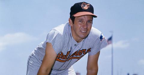 Brooks Robinson in a playing position in an Orioles uniform