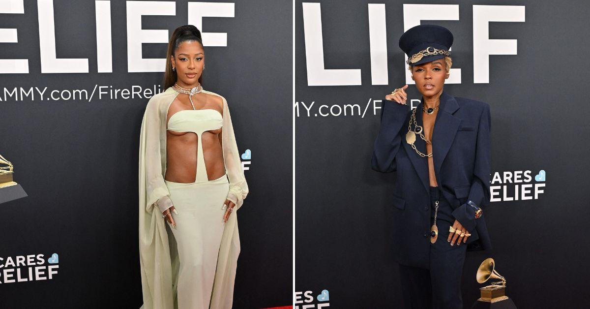 Victoria Monet and Janelle Monae in two side-by-side images at the Grammys. 