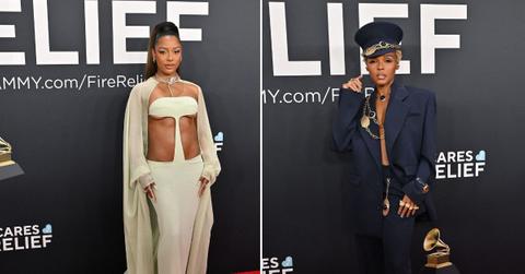 Victoria Monet and Janelle Monae in two side-by-side images at the Grammys.