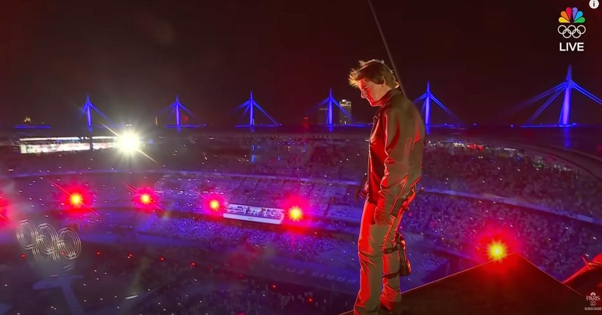 Tom Cruise at the top of the Stade de France before he jumped during the closing ceremony at the 2024 Summer Olympic Games in Paris