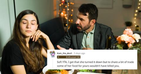 A man refused to share his dinner with his girlfriend.