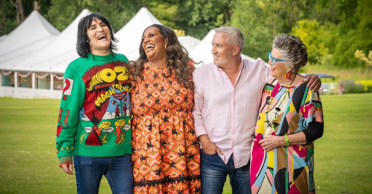 (L-R): Noel Fielding, Alison Hammond, Paul Hollywood, and Prue Leith in front of the Bake Off tent