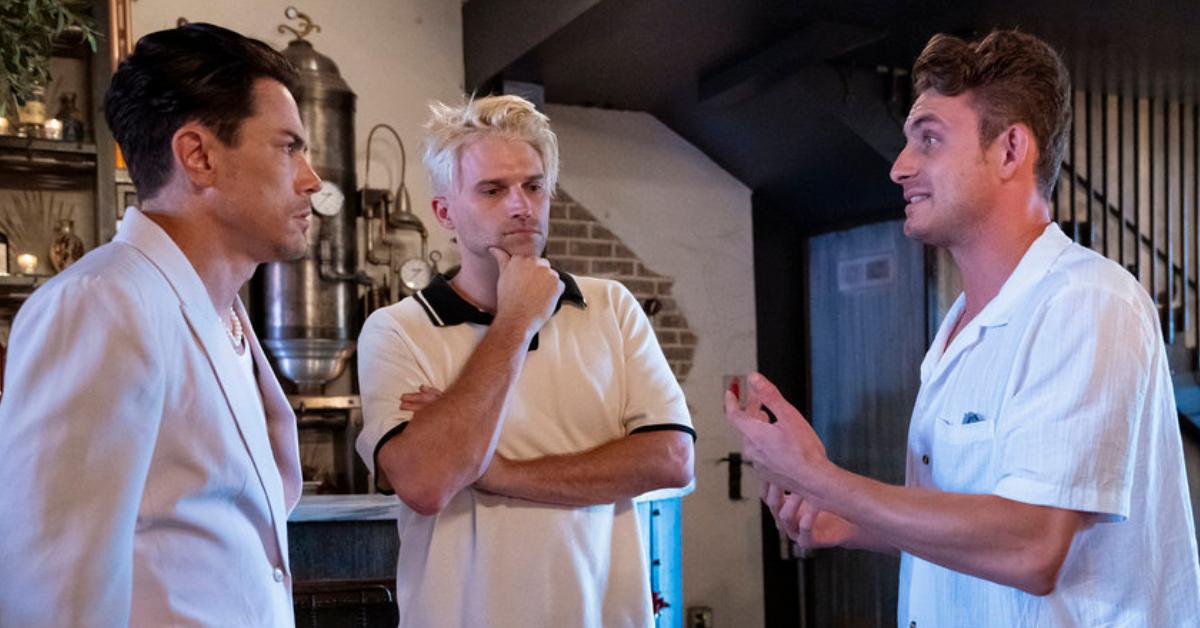 (L-R) Tom Sandoval, Tom Schwartz, and James Kennedy are deep in conversation during 'Vanderpump Rules.'