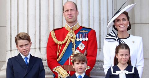 Prince William, Kate Middleton, and their three kids a the trouping of the colour in 2024.