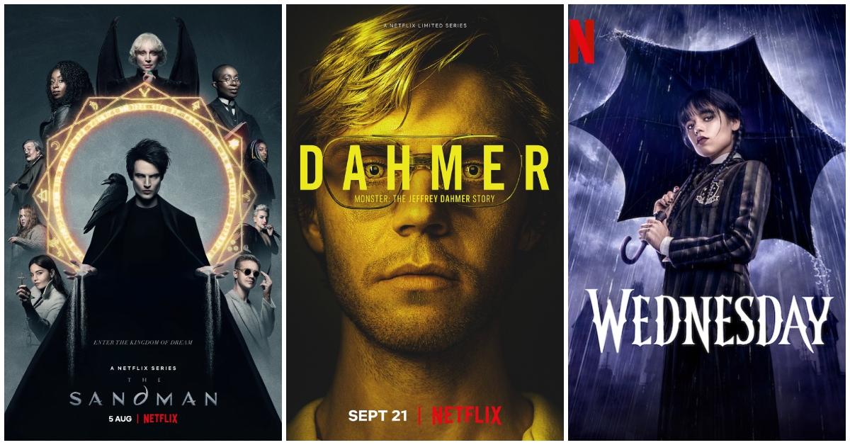 Sandman, Dahmer, and Wednesday key art