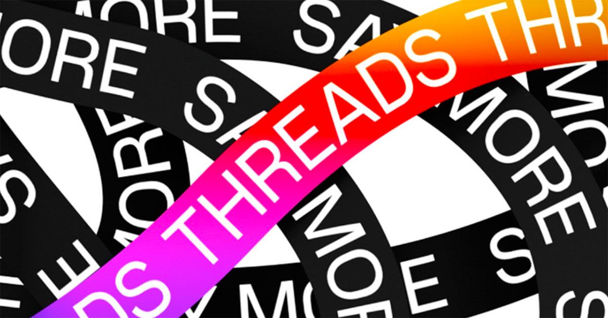 Threads logo with Instagram coloring and intersecting lines. 