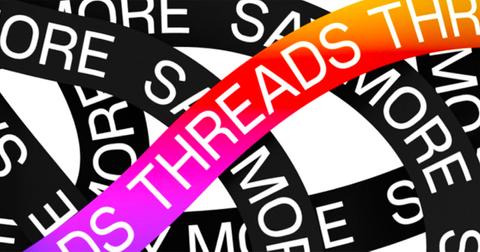 Threads logo with Instagram coloring and intersecting lines.